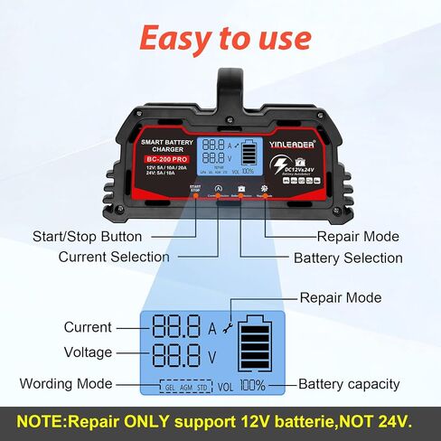 Battery Charger 0-40A 12V/24V Lead Acid(AGM, STD, Gel, Deep Cycle Batteries) and 12V LiFePO4 Smart Trickle Charger, Maintainer w/Battery Repair, for Car, Boat, Motorcycle,Lawn Mower in Saudi Arabia