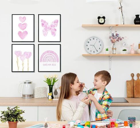 ulegie ديكور غرفة فتاة صغيرة، الوردي الفتيات غرفة الحضانة حلم كبير جدار الفن يطبع مجموعة من 4، ألوان مائية الوردي فراشة قوس قزح الزهور ديكور لغرفة طفل طفل، 8x10 بوصة غير المؤطرة in Kuwait