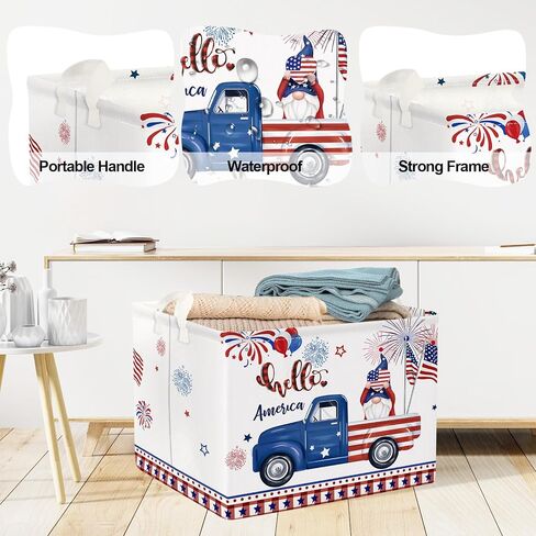 Clastyle Independence Day Patriotic Baby Gift Basket American Flag Firework Kid Book Toy Nursery Bin Collapsible Beach Towel Basket Clothes Organizer, Gnome, 40*30*30 cm in Saudi Arabia