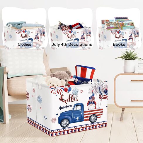 Clastyle Independence Day Patriotic Baby Gift Basket American Flag Firework Kid Book Toy Nursery Bin Collapsible Beach Towel Basket Clothes Organizer, Gnome, 40*30*30 cm in Saudi Arabia