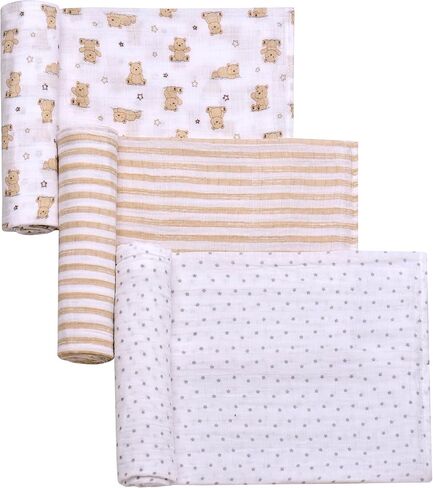 3 Pack Cotton Muslin Swaddle Blankets for Baby, 40" x 36", Lightweight, Breathable, Blue, (Nursery Animals, Giraffe, Lion, Elephant) in Saudi Arabia