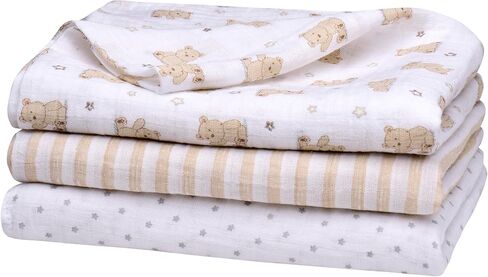 3 Pack Cotton Muslin Swaddle Blankets for Baby, 40" x 36", Lightweight, Breathable, Blue, (Nursery Animals, Giraffe, Lion, Elephant) in Saudi Arabia