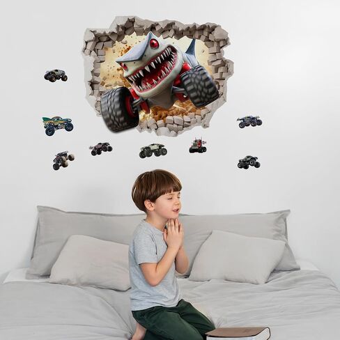 3D Monster Cars Wall Stickers,Removalble Break Through The Wall Stickers for Children Bedroom Living Room (Monster Truck4) in Saudi Arabia