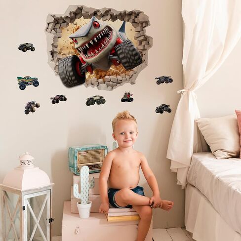 3D Monster Cars Wall Stickers,Removalble Break Through The Wall Stickers for Children Bedroom Living Room (Monster Truck4) in Saudi Arabia
