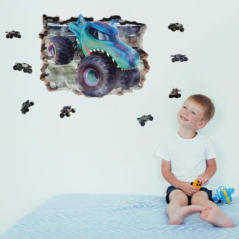 3D Monster Cars Wall Stickers,Removalble Break Through The Wall Stickers for Children Bedroom Living Room (Monster Truck4) in Saudi Arabia