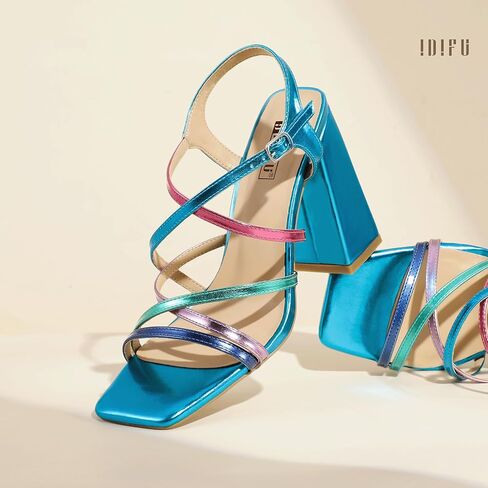 idifu in4 High Strappy Cheels chunky block ملون ملون متعدد الألوان أحذية للنساء العروس الزفاف الصيفية حفلة الرموز الراقصة الكعب in Kuwait