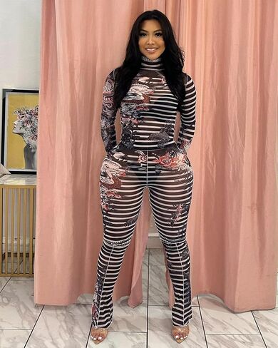 Uni Clau Sexy Two Piece Outfits for Women See Through Mesh Stripe Print Long Sleeve Crop Top Pants Set Club Outfits in Kuwait