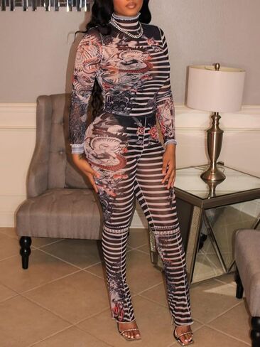 Uni Clau Sexy Two Piece Outfits for Women See Through Mesh Stripe Print Long Sleeve Crop Top Pants Set Club Outfits in Kuwait