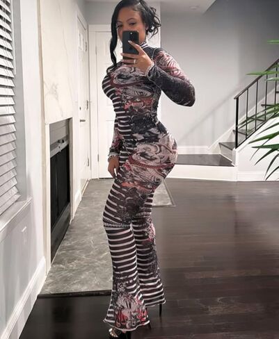 Uni Clau Sexy Two Piece Outfits for Women See Through Mesh Stripe Print Long Sleeve Crop Top Pants Set Club Outfits in Kuwait