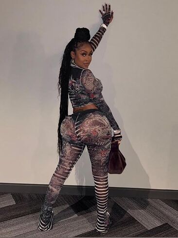 Uni Clau Sexy Two Piece Outfits for Women See Through Mesh Stripe Print Long Sleeve Crop Top Pants Set Club Outfits in Kuwait