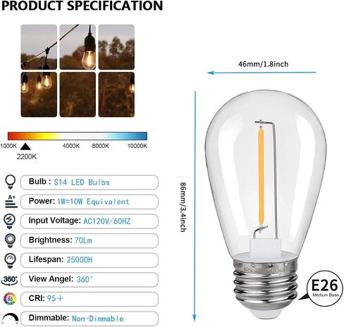 مصابيح LED LEG LEG LIGHT ، مصباح LED البديل C7 C7 PROCINAL LED لضوء السلسلة ، مصابيح مصباح الملح القاعدة E12 ، 0.6W ما يعادل 7W ، أبيض دافئ 2200 كيلو فولت ، 50 لتر ، 8 حزمة in Saudi Arabia