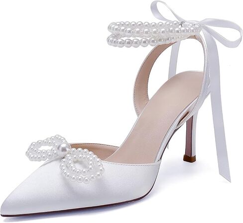 Pearl Heels Wedding Shoes for Bride Bow Wedding Heels Bridal Shoes in Kuwait