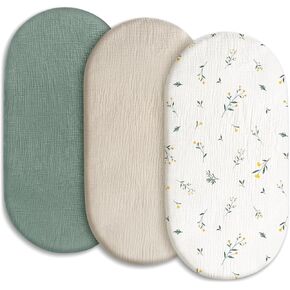 Muslin Bassinet Fitted Sheets for Babies, 3 Pack for Baby Boy and Girl, Soft & Breathable 100% Cotton Fitted Sheets for Oval, Universal Fit for Hourglass Oval and Rectangle Bassinet Mattress