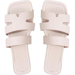 OYOANGLE Women's Textured PU Leather Square Open Toe Flat Sandals Cut Out Slide Sandal