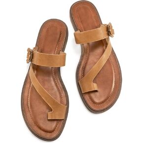 Sandals for Women Flats Shoes: Summer Comfortable Dressy Flat Sandal Adjustable Hook loop Slip on Toe Ring Beach sandal