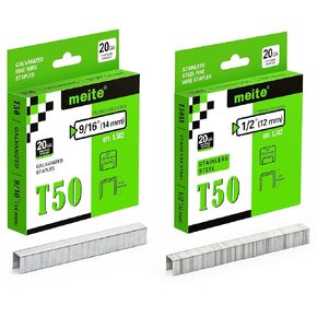 meite Galvanized 9/16" T50 Staples (1512 PCS) and 304 Stainless Steel 1/2" T50 Staples (1512 PCS), Heavy Duty Staples for Staple Gun, 20 Gauge 3/8 Inch Crown Upholstery Staples