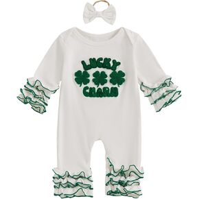 Newborn Baby Girl St Patricks Day Outfit Lucky Charm Shamrock Long Sleeve Romper Jumpsuit One Piece Clothes Headband