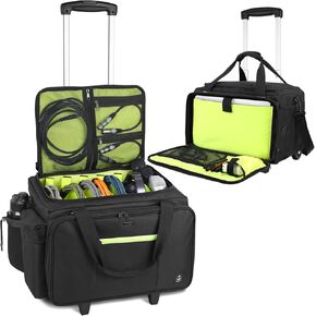 Rolling DJ Bag with Wheels, Gig bag Built-in Sturdy Support Board, DJ cable bag with Detachable Divider & Padded Shoulder Strap (Orange Color, 16''×11.4''×10'')