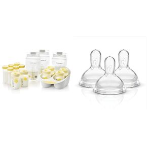 Medela Breast Milk Storage Solution Set, Breastfeeding Supplies & Containers, Breastmilk Organizer, Made without BPA & Slow Flow Spare Nipples with Wide Base, 3 Pack