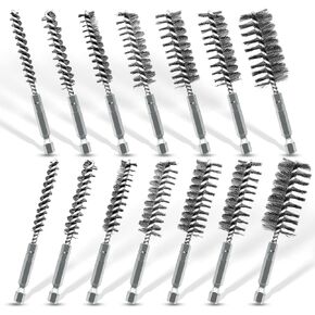 14Pcs Stainless Steel Bore Brush, Wire Brush for Drill with Handle 1/4 Inch Hex Shank ,Wire Cleaning Brush for Power Drill Cleaning in 7 Sizes