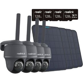 REOLINK Go PT Ultra-Grey 4 Pack Bundle - 4K Cellular Security Camera Wireless Outdoor, 3G/4G LTE, 4K Live Streaming, Solar Powered, Color Night Vision, Include SD Card (128GB), Local Storage