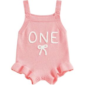 First Birthday Outfit Girl Sleeveless Bow One Embroidered Crochet Knit Romper Baby girl 1st Birthday Clothes Summer One Piece