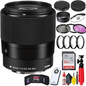 Sigma 30mm f/1.4 DC DN Contemporary Lens for Canon EF-M + 64GB SD Card + UV Filter Kit + Close Up Filter Kit + Lens Cap + Memory Card Wallet + Tripod + Wireless Remote Shutter + Cleaning Kit