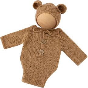Newborn Photography Props Handmade Bear Hat Romper Set for Baby Boys Girls Photoshoot Knitted Bonnet Bodysuit Photo