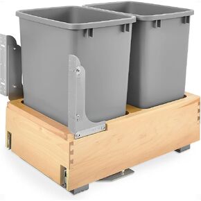 Rev-A-Shelf Double 35 Quart Pull Out Under Cabinet Trash Can with Soft Open & Close Slide System, Metallic Silver, Maple Wood Bottom 4WCBM-18DM-2