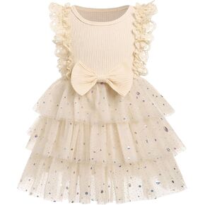 ODASDO Baby Girls Toddler Kids Summer Lace Sleeve Tiered Tulle Tutu Princess Cake Dress Birthday Party Pageant Clothes