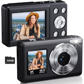 Digital Camera Dual Screen Kids Camera 4K 48MP with Autofocus & 16X Zoom, Internal Battery, 64GB SD Card Included | Portable Selfie Camera for Teens Children, Starter Vlogging Cameras