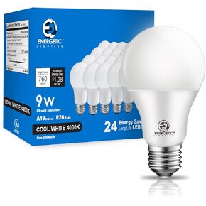 Energetic Light Bulbs 60 Watt Equivalent, A19 Daylight LED Light Bulbs, 15000 Hrs E26 Base, 9W 760LM 5000K Light Bulbs, UL Listed, Non-Dimmable, 24-Pack