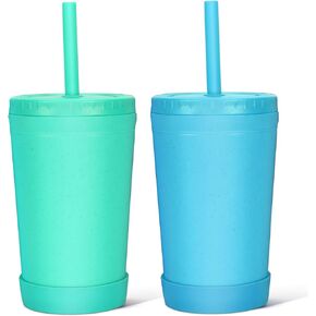 Homestockplus Reusable Wheat Straw Cups with Lids and Silicone Straws, 10 Oz Chip Resistant E-Co Friendly Small Water Cups for Milk, Drinks, Smoothies - 4 Colors
