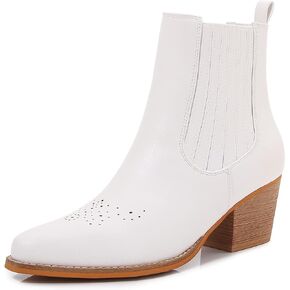 mm Women's Pointed Toe Mid Heels Chelsea Ankle Boots, Slip On Elastic Chunky Block Wooden Heel Short Western Cowboy Short Booties for Ladies, Brown Black White in Kuwait