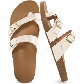 Ecetana Womens Sandals Dressy Summer Comfortable Casual Beach Flat Shoes Adjustable Buckle Slip On Walking Slides