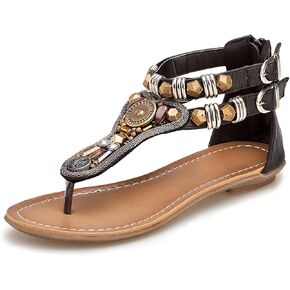 iCKER Women's Ankle Gladiator Sandals Beach Bohemia Thong Flat Sandal Shoes 0989-Black-8