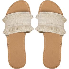 Verdusa Women's Tassel Single Band Flat Sandals PU Leather Open Toe Slip on Slippers