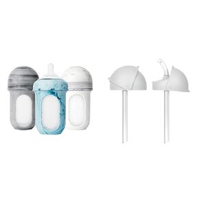 Boon Nursh Silicone Baby Bottles with Conversion Straw Sippy Cup Lids - Stage 2 Medium Flow Nipples - 8 Oz - 3 Count