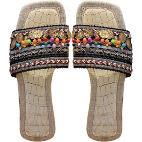 Women's Boho Beaded Beach Flat Sandals Embroidered Open Square Summer Slide Shoes Beach