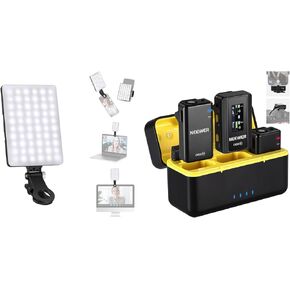 NEEWER Selfie Light with Front & Back Phone Clip, Portable Clip on Light for Tablet/Laptop, Zoom Call TikTok Video Fill Light (NL-60AI) with CM28 Wireless Lavalier Microphone System with Charging Case