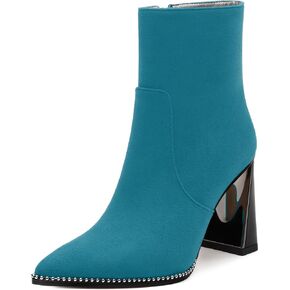 Womens Heeled Ankle Boots, Pointed Toe Chunky Heel Ankle Booties for Women, Silver Beaded Short Boots with Side Zipper 3.5"