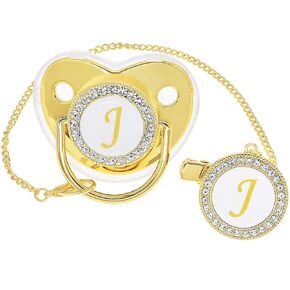 Bling Personalized Golden Baby Pacifier with Pacifier Clips and Anti-dust Cover A-Z 26 Letters(Gold,J)