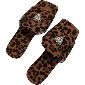 Verdusa Women's Leopard Print Flat slide Sandals Tiger Head Buckle Deco Summer Shoes