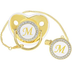 Bling Personalized Golden Baby Pacifier with Pacifier Clips and Anti-dust Cover A-Z 26 Letters(Gold,M)