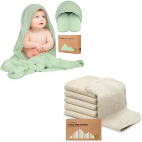 KeaBabies Baby Hooded Towel and 6-Pack Organic Baby Washcloths - Viscose from Bamboo Baby Towel, Soft Bamboo Viscose Washcloth, Infant Towels, Baby Wash Cloths