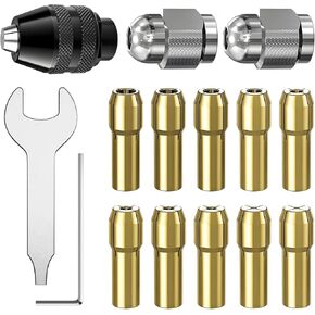 15pcs Chuck Collet مجموعة لـ Dremel ، مع Brass Colle ، و Chuck بدون مفتاح وجوز معدني لمدة 1/32 "(0.8 مم) إلى 1/8" (3.2 مم) إكسسوارات دوارة Shank ، متوافقة مع Dremel 3000 4000