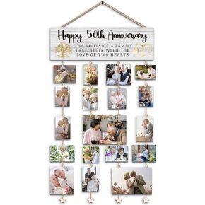 50th Anniversary Photo Frames Gifts-Vintage Style Wood Hanging Photo Display Wall Hanging with 30 Clips Multi Picture Frames Collage Decoration for Home Decor-50th 2024 Wedding Anniversary