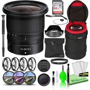 Nikon NIKKOR Z 14-30mm f/4 S Zoom Lens (20070) Bundle with 64GB Ultra SDHC Memory Card + Padded Lens Case + 70-Inch Professional Monopod + 8-Piece Filter Kit (Macro, UV, CPL, FLD) + More