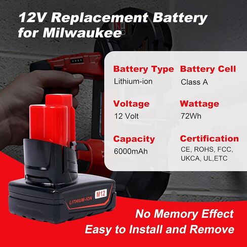 12V 6Ah Replacement Battery Compatible with Milwaukee 12V Battery 48-11-2460 48-11-2412 48-11-2401 48-11-2440 C12 B C12 BX 12V M12 Cordless Tool Battery Packs 2 Pack in Kuwait
