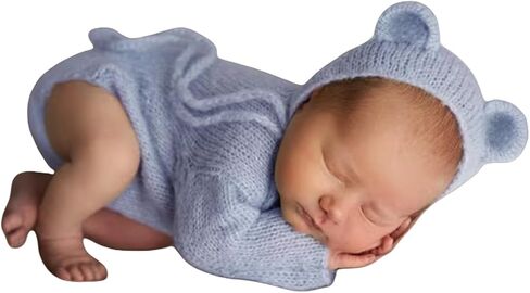 Newborn Photography Props Handmade Bear Hat Romper Set for Baby Boys Girls Photoshoot Knitted Bonnet Bodysuit Photo in Saudi Arabia